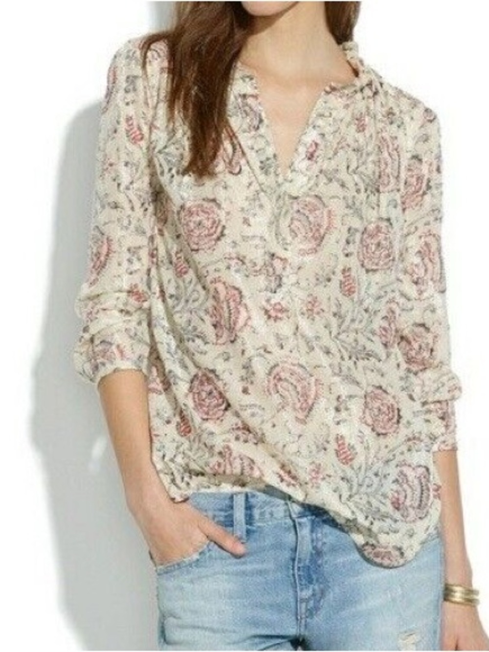Madewell Cream Floral Peasant Blouse with Pink Rose Print